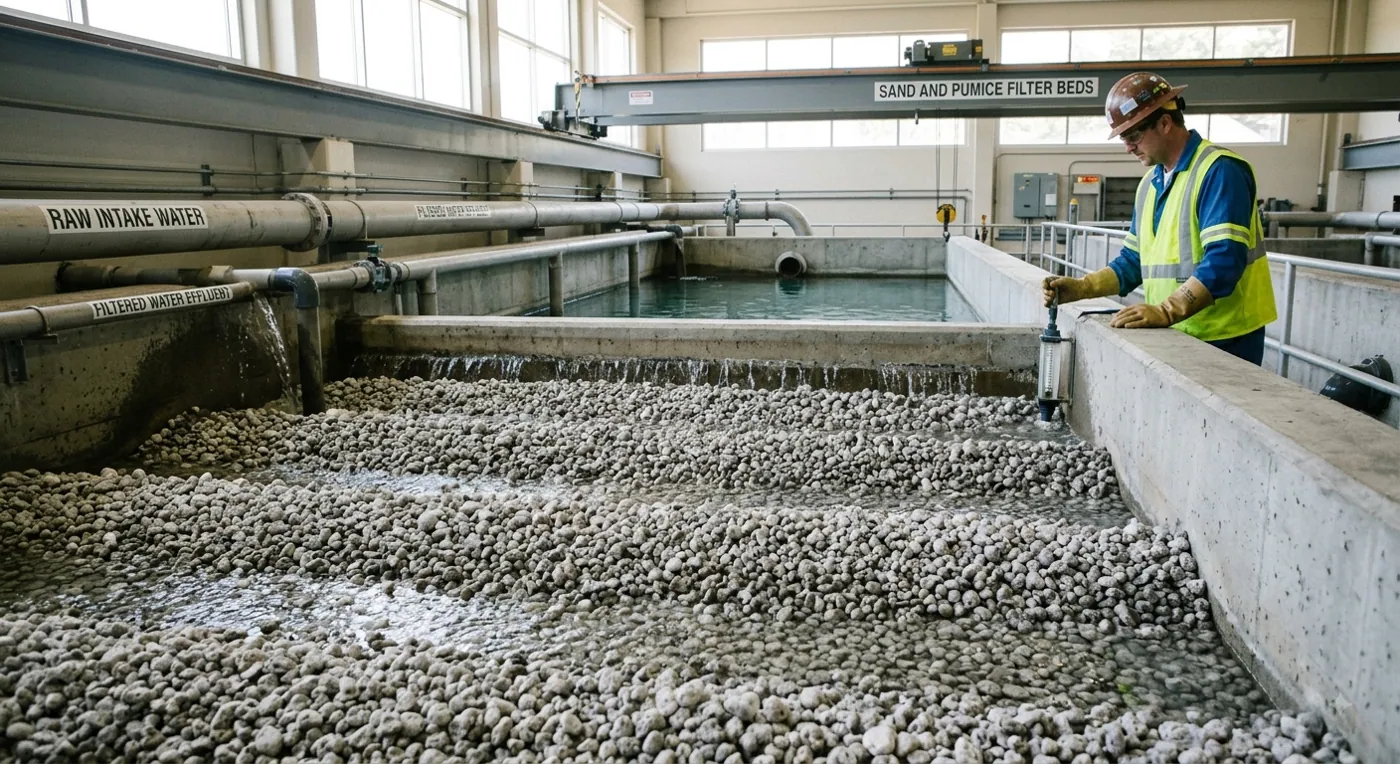 Pumice filter beds treating water at an industrial facility