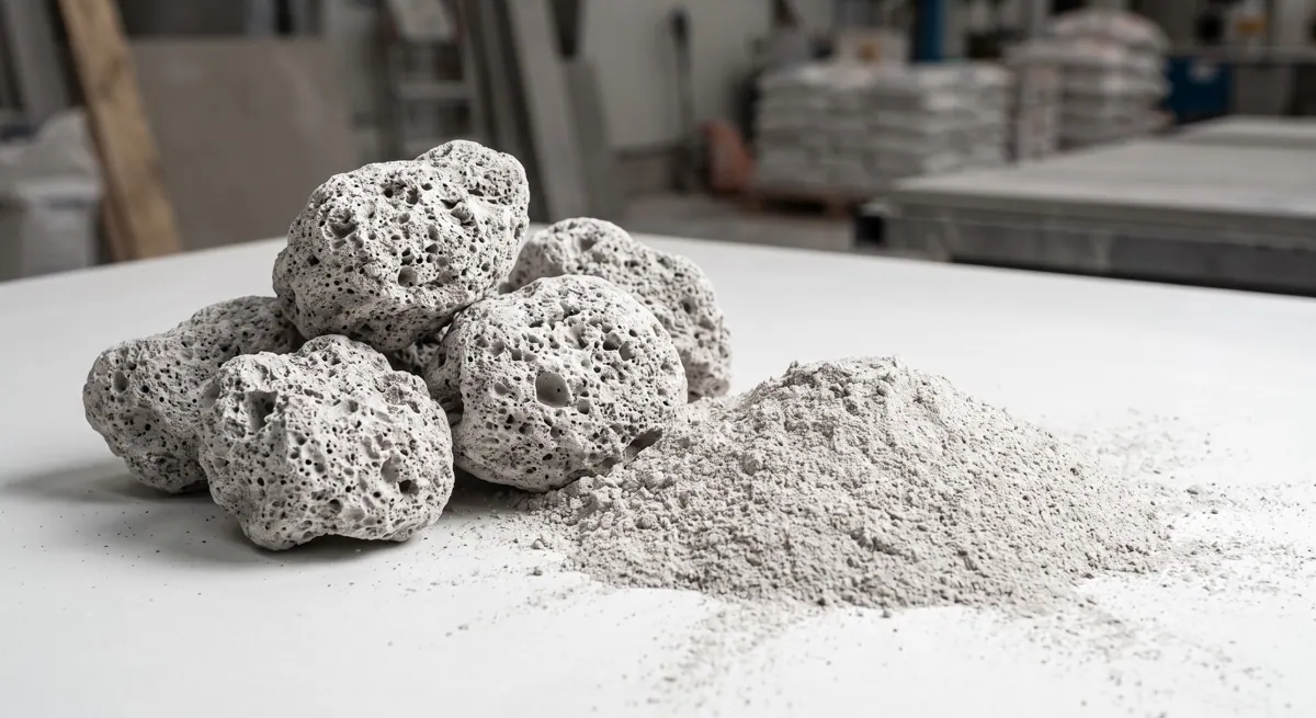 Pumice stones beside finely ground pumice powder on a workbench