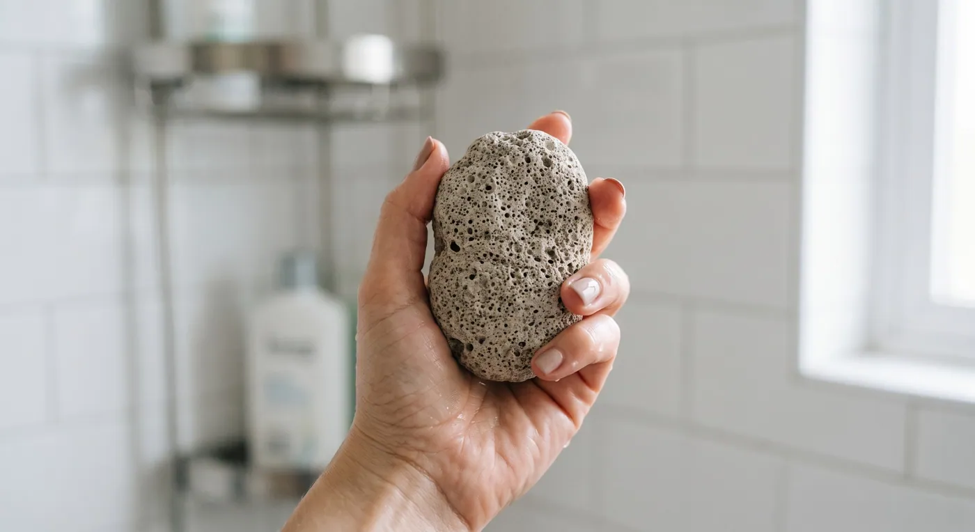 A natural pumice stone held in hand, used for personal care