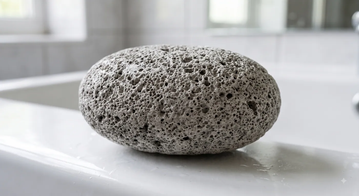 A natural pumice stone on the edge of a bathroom sink